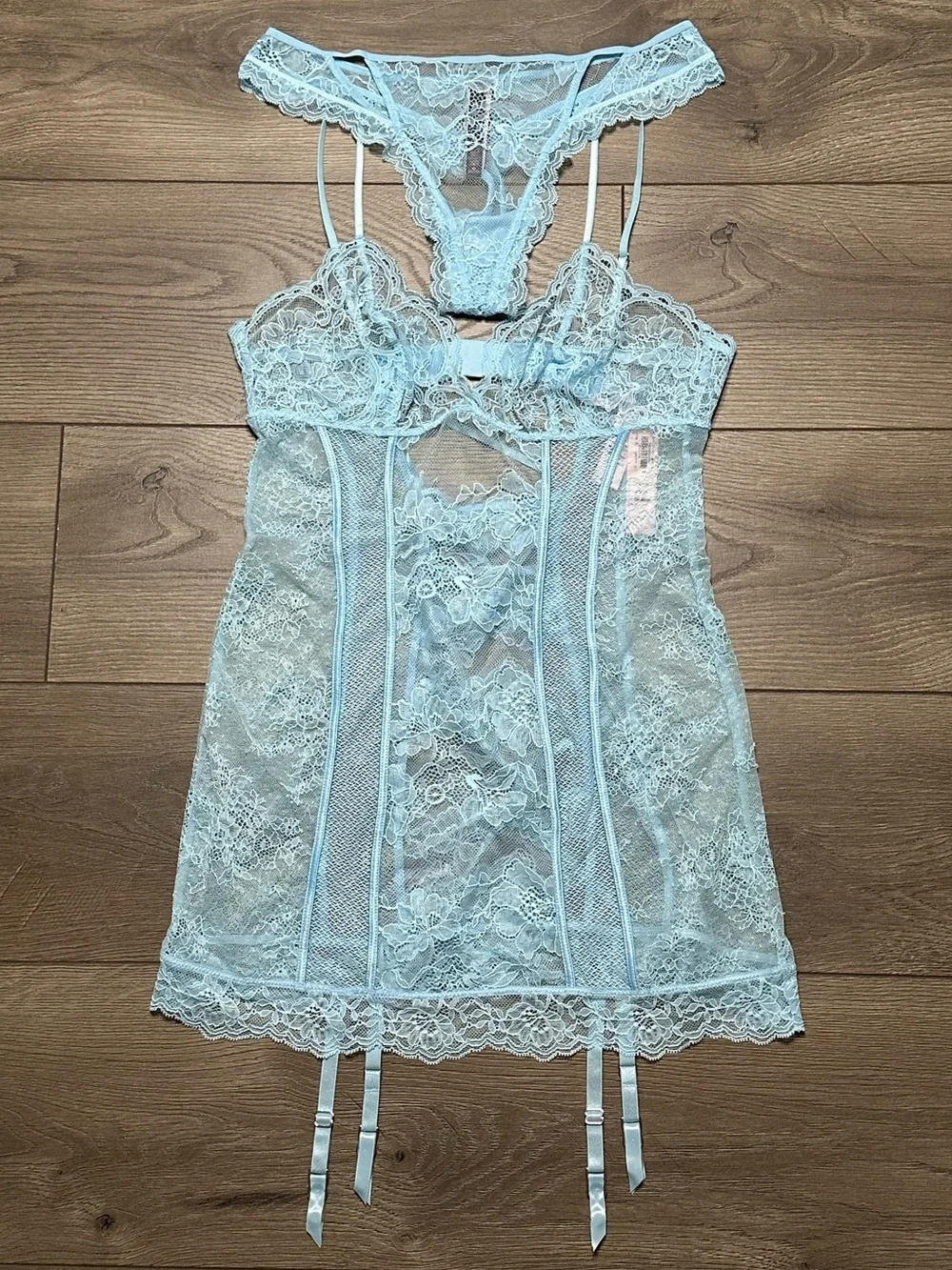 Victoria's Secret Very Sexy Lace Garter Slip And Thong Panty Set Blue Medium